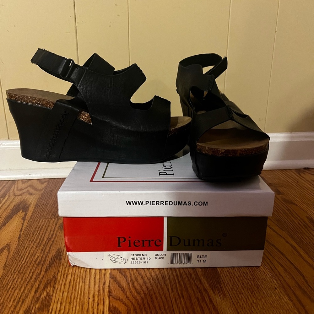 Pierre Dumas Black Wedge Shoes with Adjustable Straps